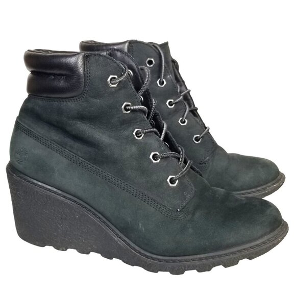 Timberland Amston Green & Black Nubuck Leather Lace Up Wedge Heel Ankle booties - Picture 1 of 12
